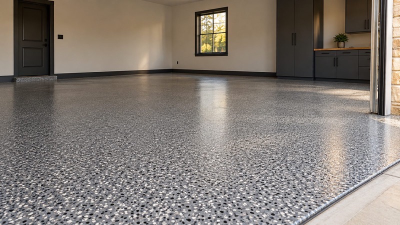Glossy gray flake coating on a garage floor with dark cabinets and a window