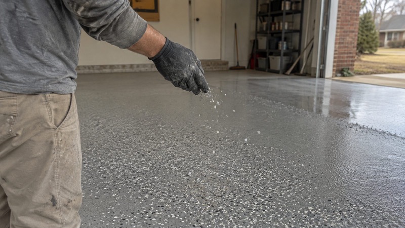 Gloved hand scattering decorative flakes onto a freshly coated garage floor
